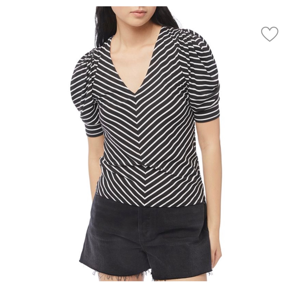 Frame Chevron Striped Vneck Top Puff Sleeves Size Small Shirred Front